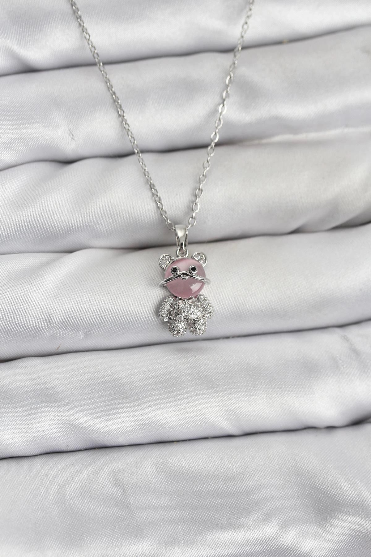 Mey İthalat® 316L Çelik Zincir Gümüş Renk Teddy Bear Model Zirkon Taşlı Kadın Kolye