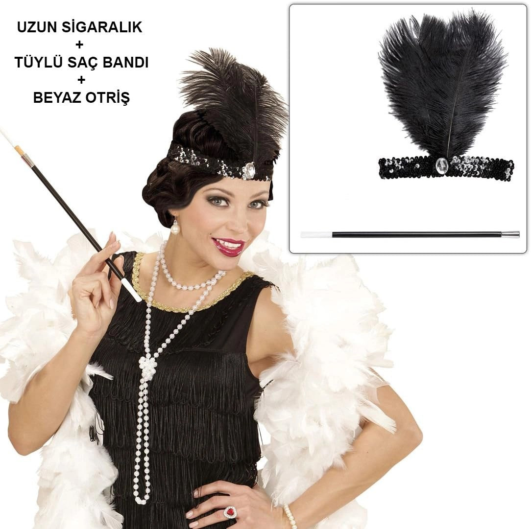 Mey İthalat® Retro Charliston Beyaz Otrişli Aksesuar Seti – 20&amp;#39;ler 90&amp;#39;lar Gatsby Kostüm Seti