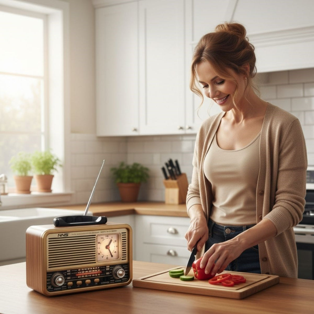 Orta Boy Saat Göstergeli Retro Ahşap Tasarım Bluetooth Hoparlörlü Radyo – FM/AM Destekli, Şarjlı ve Taşınabilir Radyo NS-8898