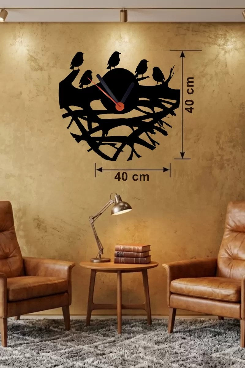 Mey İthalat® Dallarda Kuşlar Tasarım Ahşap Duvar Saati - 40x40 cm Dekoratif Saat