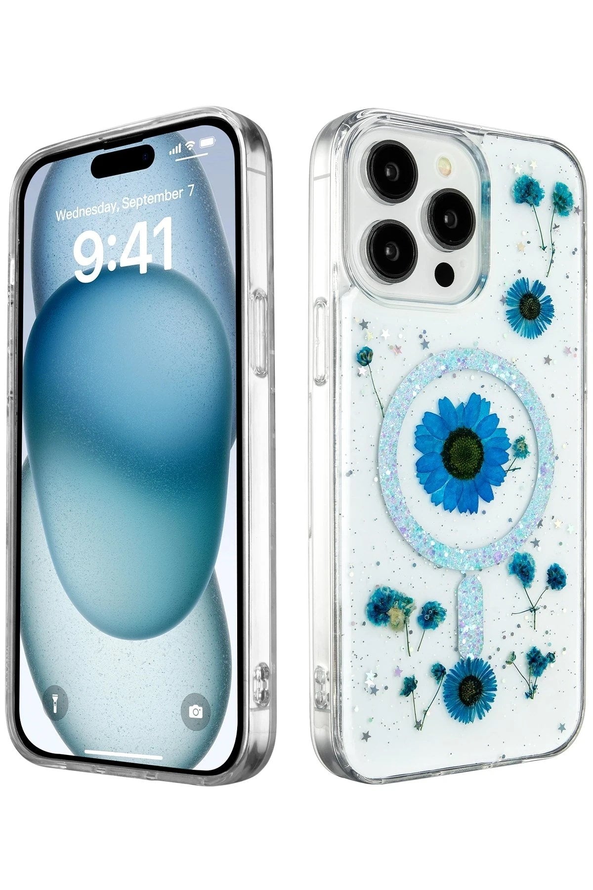 Mey İthalat® iPhone 14 Pro Max Kılıf Daisy Simli Magsafe Kapak - Mavi