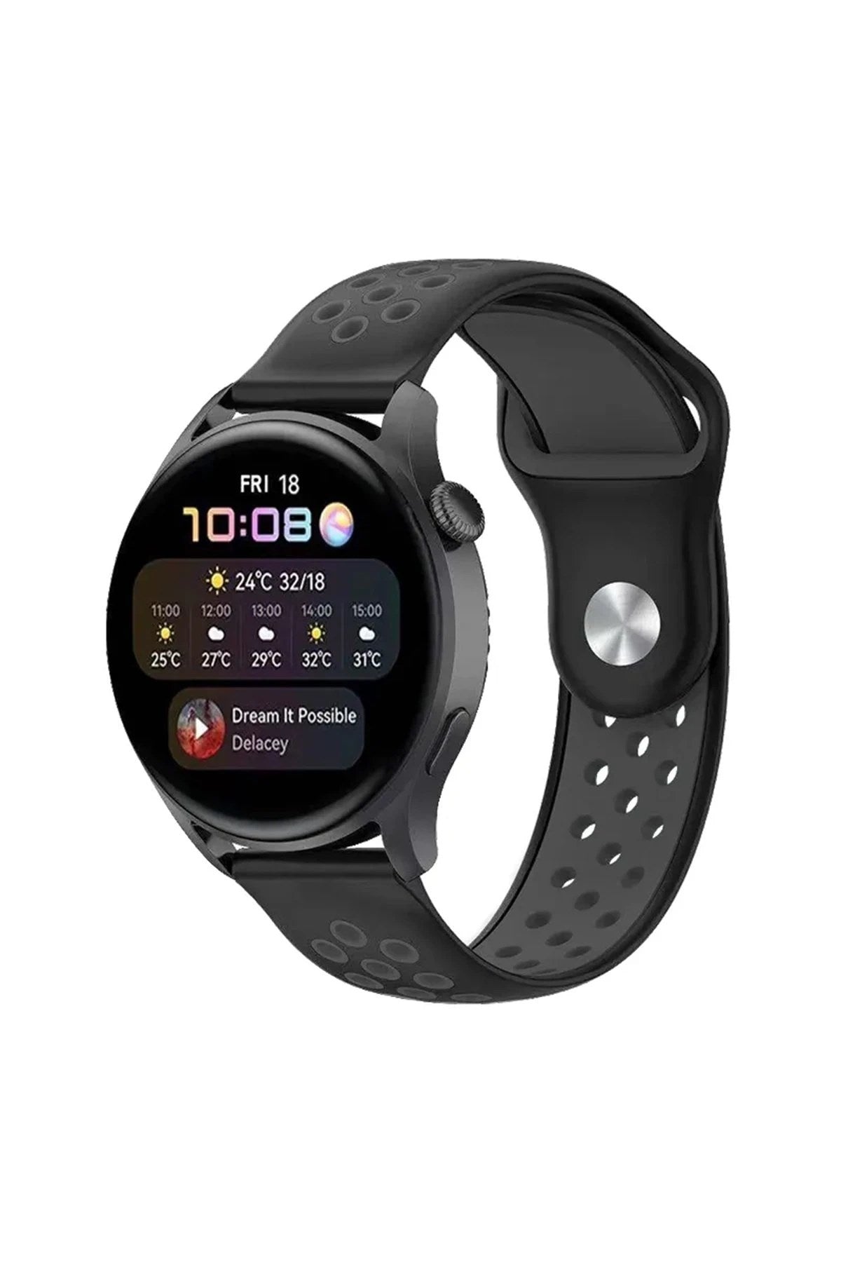 Mey İthalat® Watch 22mm Spor Delikli Kordon - Siyah-Füme