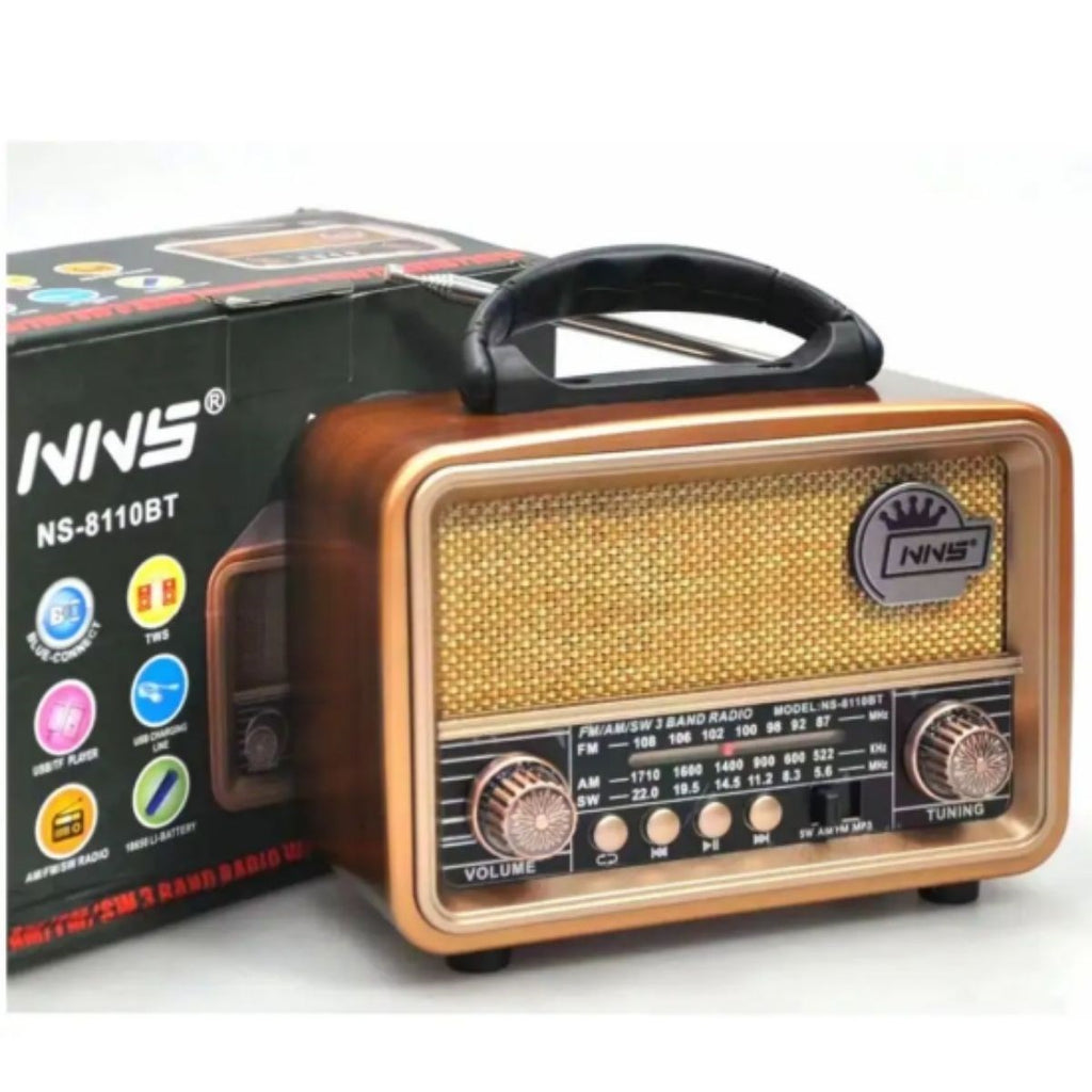Orta Boy Retro, Nostaljik, Ahşap Tasarım Bluetooth Hoparlörlü, Şarjlı, Taşınabilir FM/AM Destekli Radyo NS-8110
