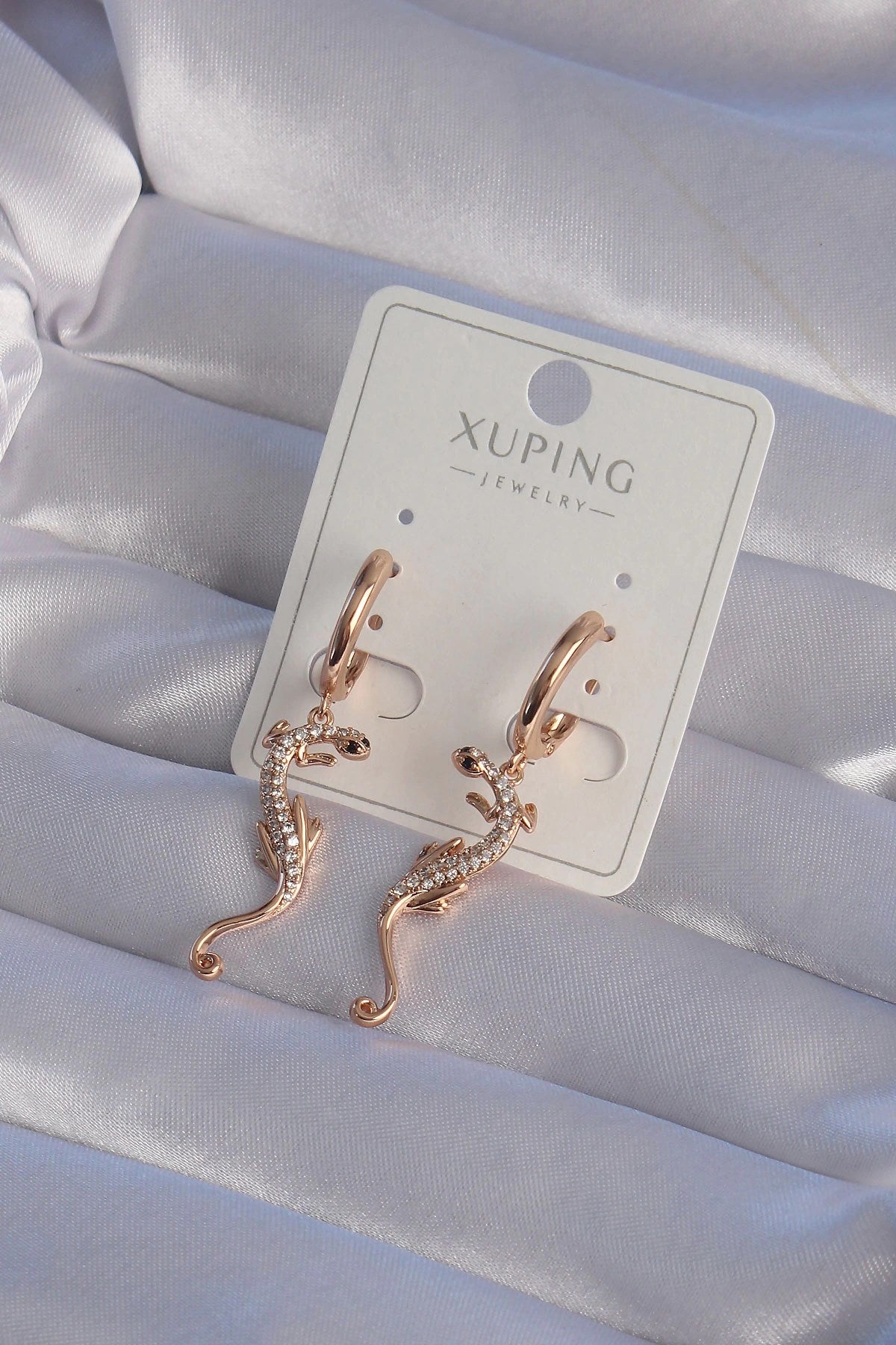 Mey İthalat® XUPİNG Rose Renk Zirkon Taşlı Kertenkele Model Halka Küpe