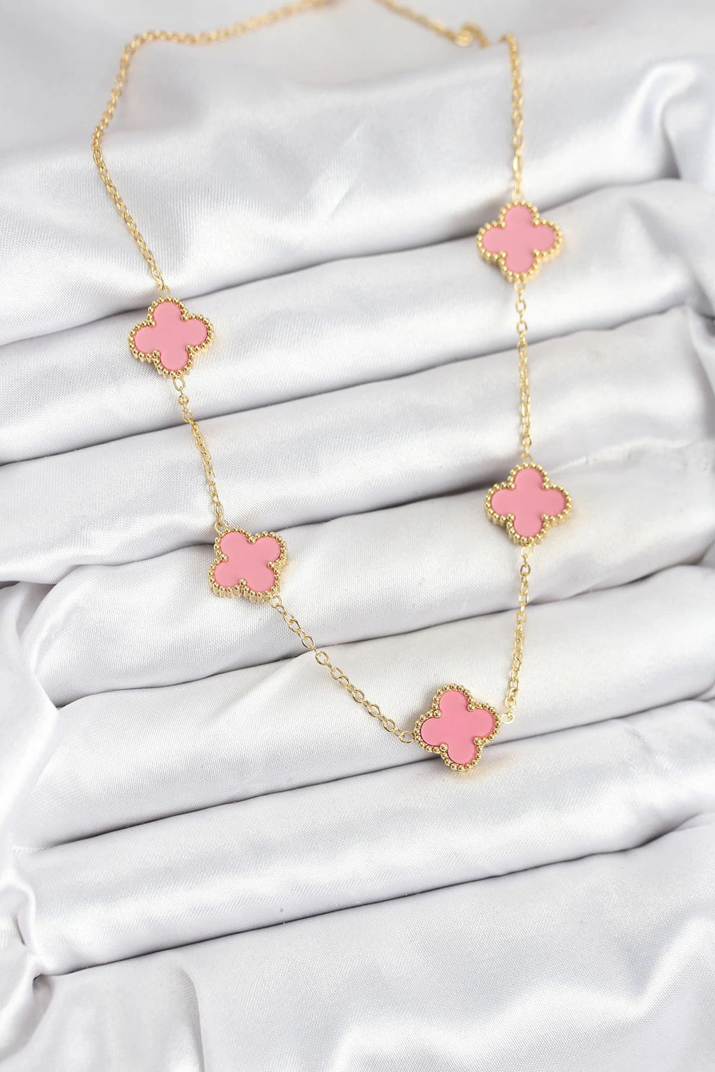 Mey İthalat® 316L Çelik Zincir Gold Pembe Renk Yonca Kadın Kolye