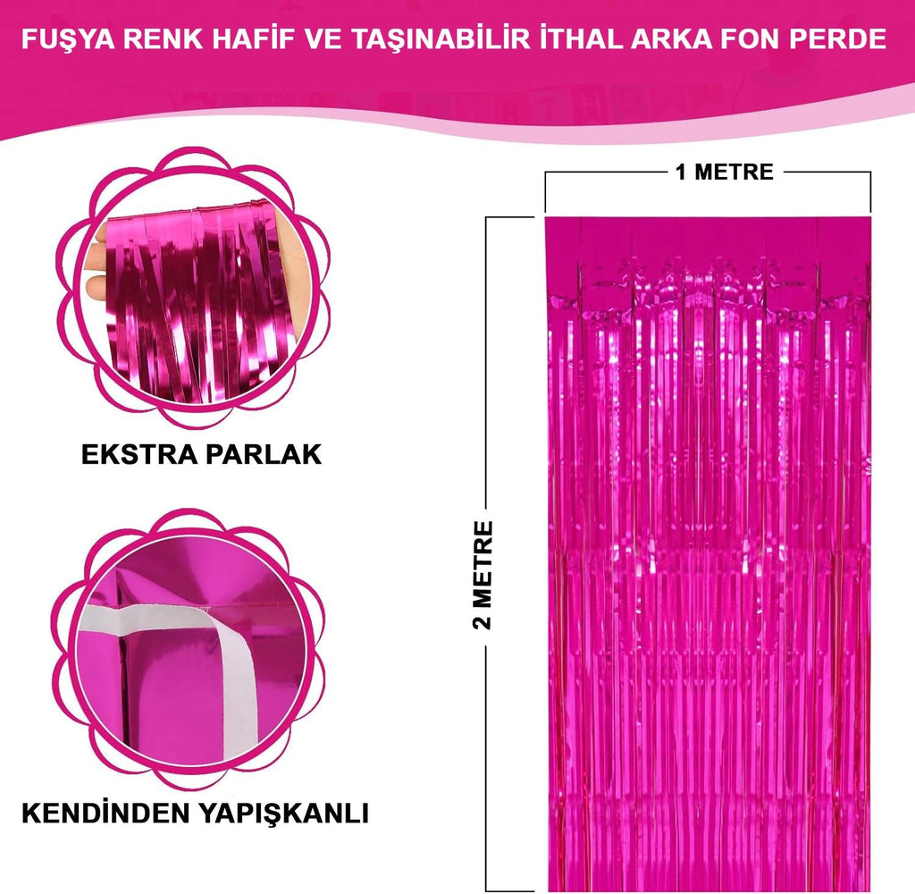 Mey İthalat® Fuşya Renk Ekstra Metalize Parlak Saçaklı Arka Fon Perde İthal A Kalite 1x2 Metre
