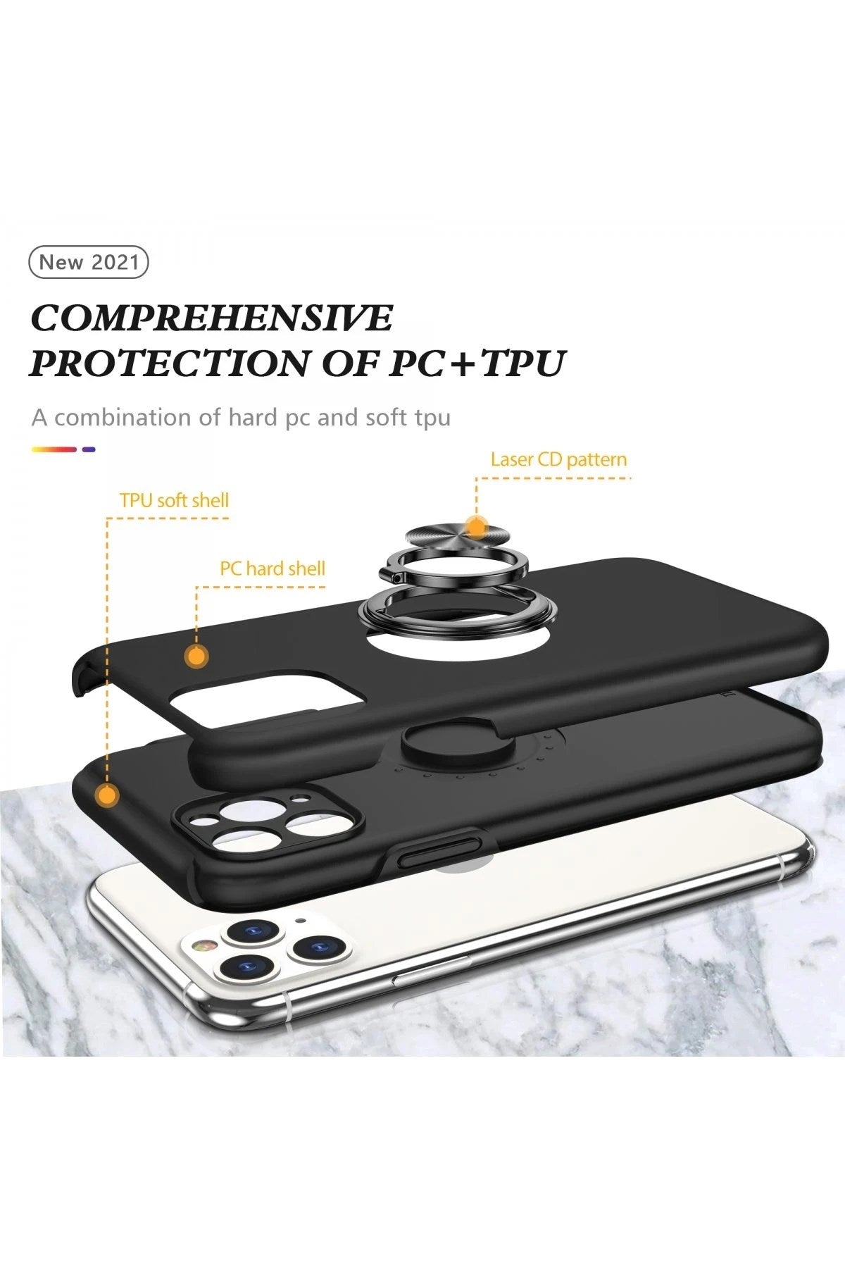 Mey İthalat® iPhone 11 Pro Max Kılıf Elit Yüzüklü Kapak - Siyah