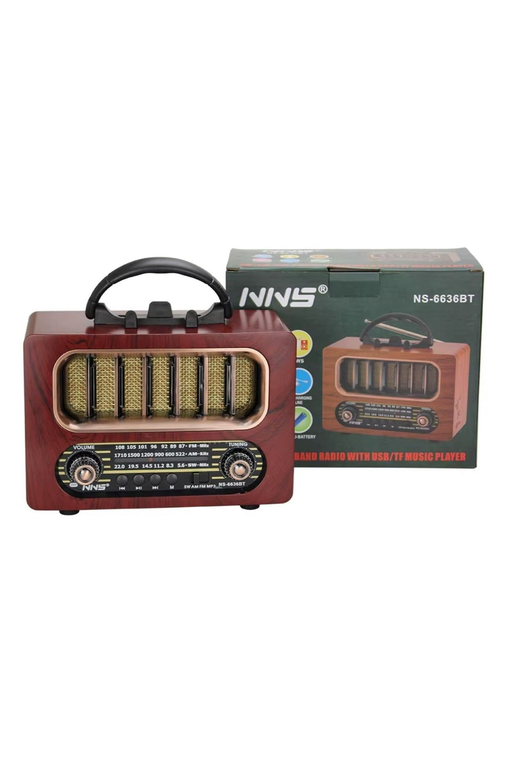 Orta Boy Retro Ahşap Tasarım Bluetooth Hoparlörlü Radyo – FM/AM Destekli, Şarjlı ve Taşınabiliri Radyo NS-6636