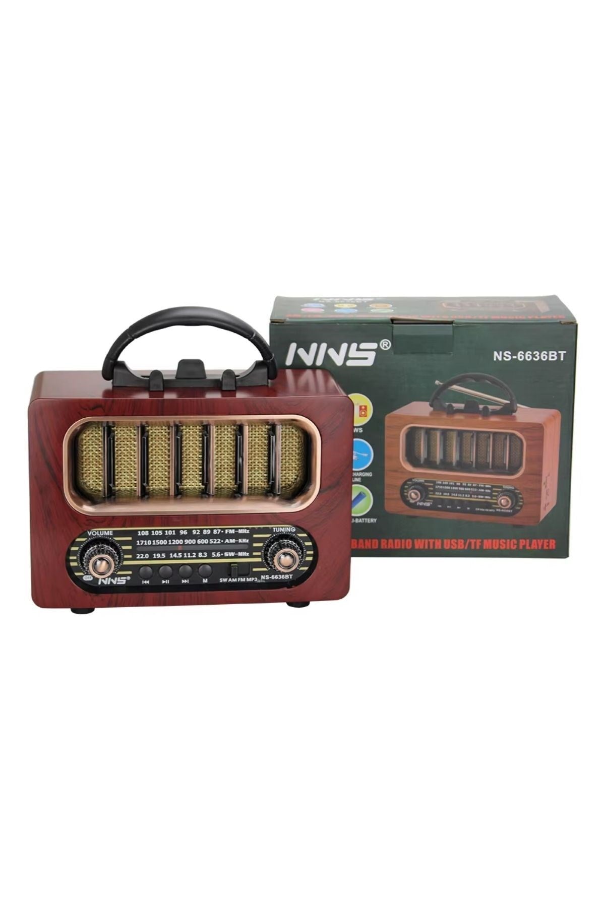 Orta Boy Retro Ahşap Tasarım Bluetooth Hoparlörlü Radyo – FM/AM Destekli, Şarjlı ve Taşınabiliri Radyo NS-6636