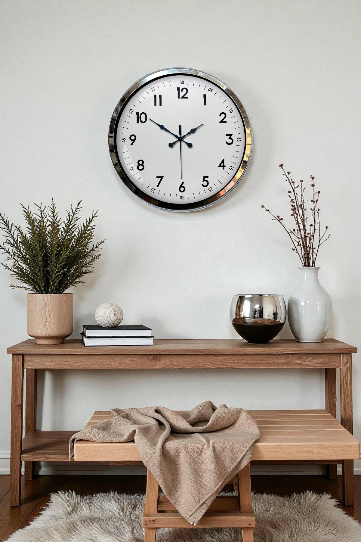 Modern Klasik 40 Cm Krom Metal Duvar Saati