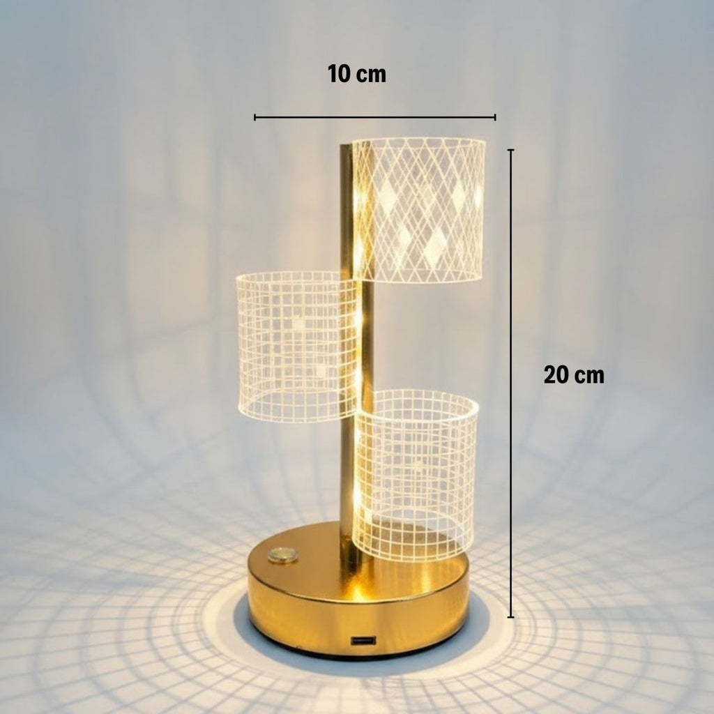 3 Parça Silindirik Kristal Ekose Kareli LED Masa Lambası – Gold Gövdeli, Dokunmatik, 3 Kademe Işık Ayarlı Şarjlı Dekoratif Lamba