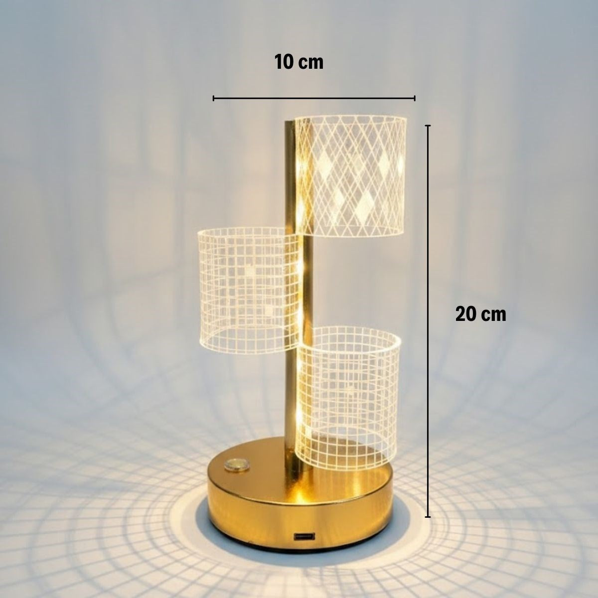 3 Parça Silindirik Kristal Ekose Kareli LED Masa Lambası – Gold Gövdeli, Dokunmatik, 3 Kademe Işık Ayarlı Şarjlı Dekoratif Lamba