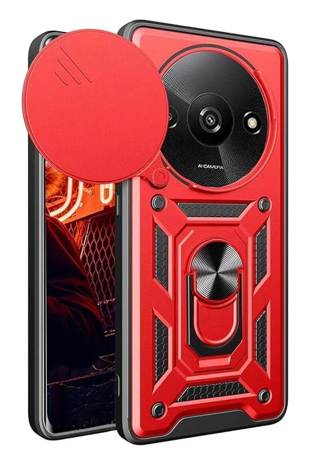Mey İthalat® Redmi A3 4G Kılıf Pars Lens Yüzüklü Silikon - Kırmızı