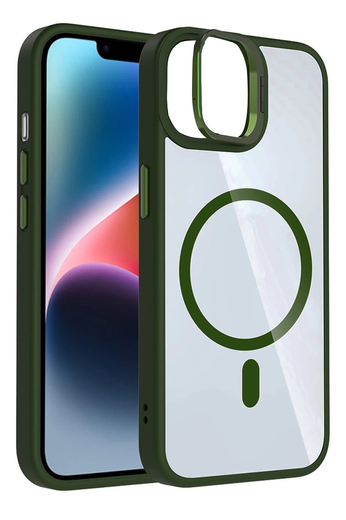 Mey İthalat® iPhone 11 Remim Lensli Magsafe Standlı Kapak - Koyu Yeşil