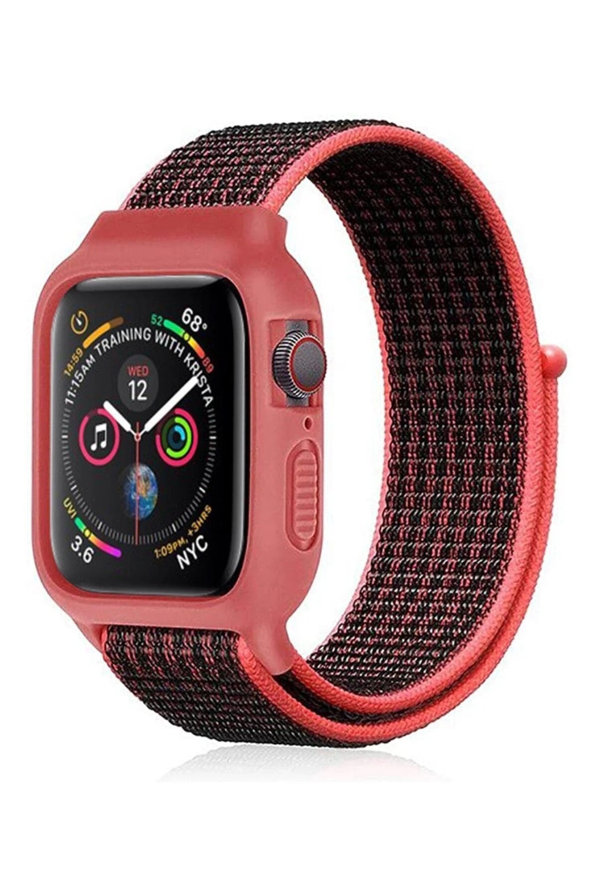 Mey İthalat® Watch 42mm Hasırlı Cırtcırtlı Kasalı Kordon - Siyah-Pembe