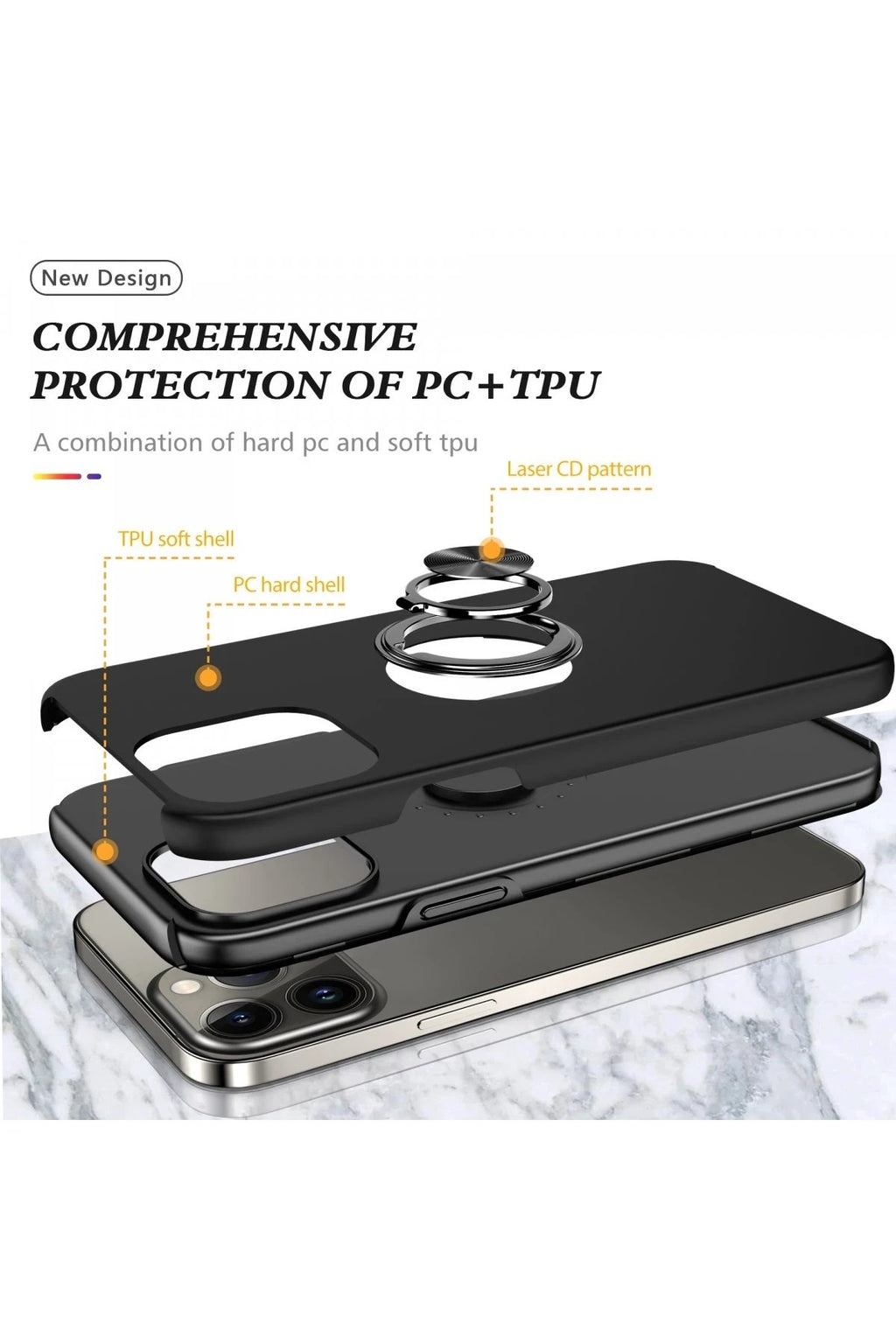 Mey İthalat® iPhone 13 Pro Max Kılıf Elit Yüzüklü Kapak - Siyah