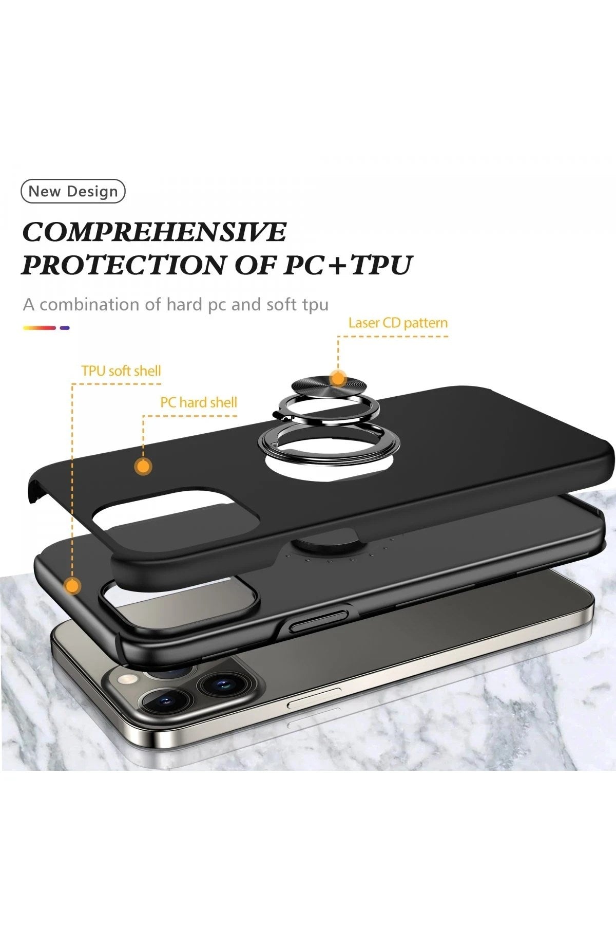 Mey İthalat® iPhone 13 Pro Max Kılıf Elit Yüzüklü Kapak - Siyah