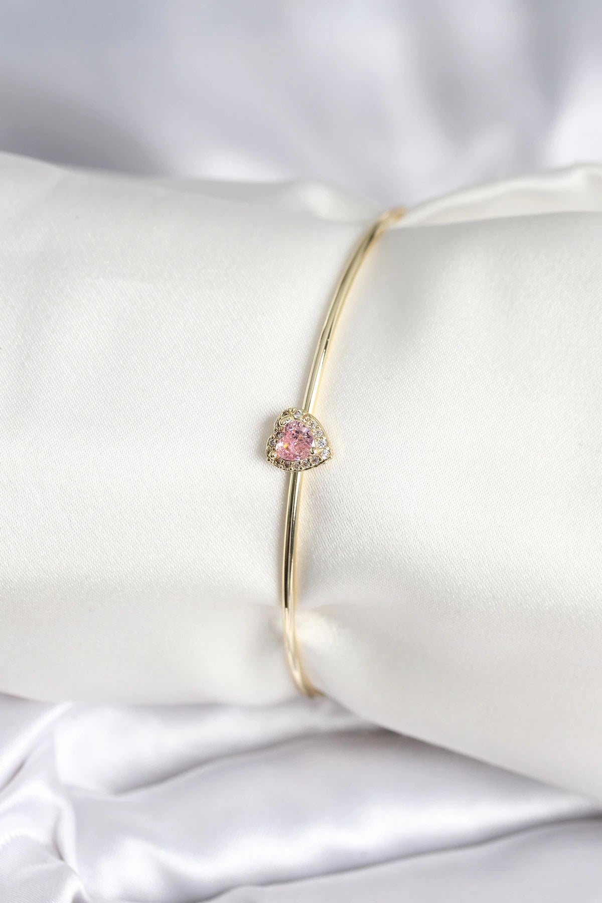 Mey İthalat® Pembe Zirkon Taşlı Kalp Model Gold Renk Kadın Bileklik