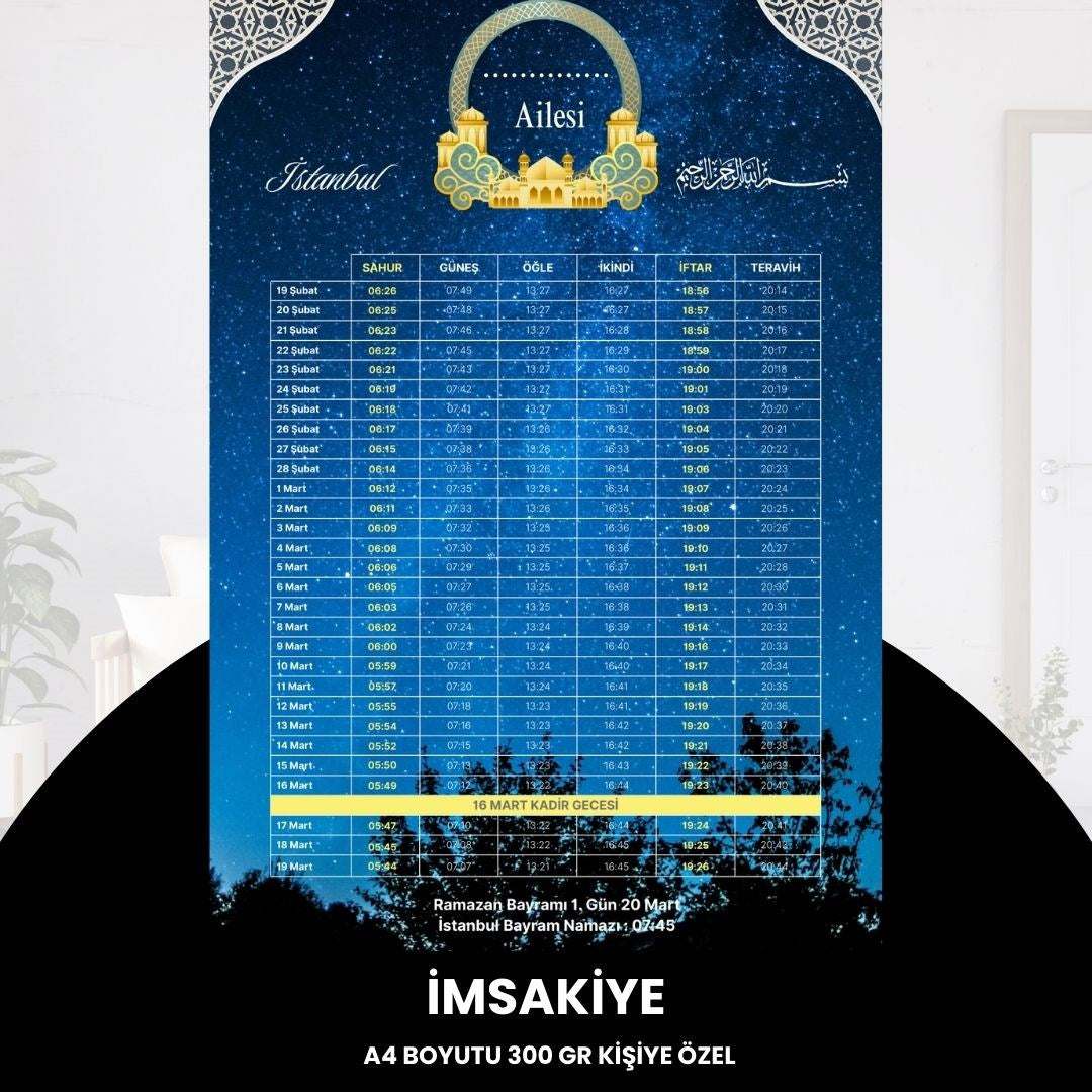 Ramazan İmsakiyesi - 300 Gr - A4 Boyut Kişiye Özel İsimli & Logolu 10 Adet Gökyüzü