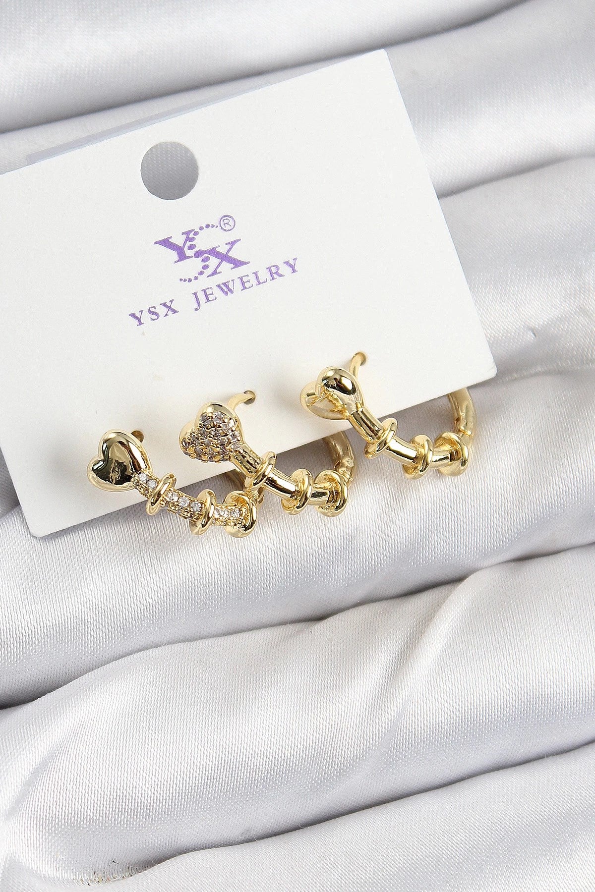Mey İthalat® Pirinç Zİrkon Taşlı Kalp Model Gold Renk 3'lü Kadın Küpe