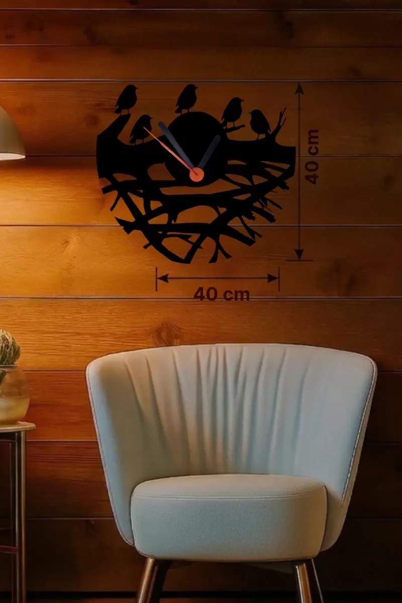 Mey İthalat® Dallarda Kuşlar Tasarım Ahşap Duvar Saati - 40x40 cm Dekoratif Saat