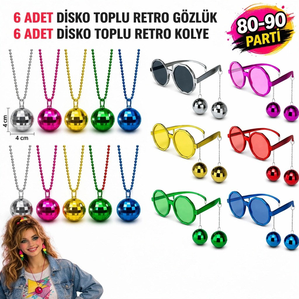 Mey İthalat® 12 Parça 80-90 Retro Parti Seti Disco Toplu Gözlük ve Kolye
