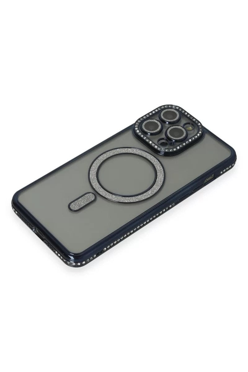 Mey İthalat® iPhone 15 Pro Max Kılıf Joke Simli Magneticsafe Kılıf - Lacivert