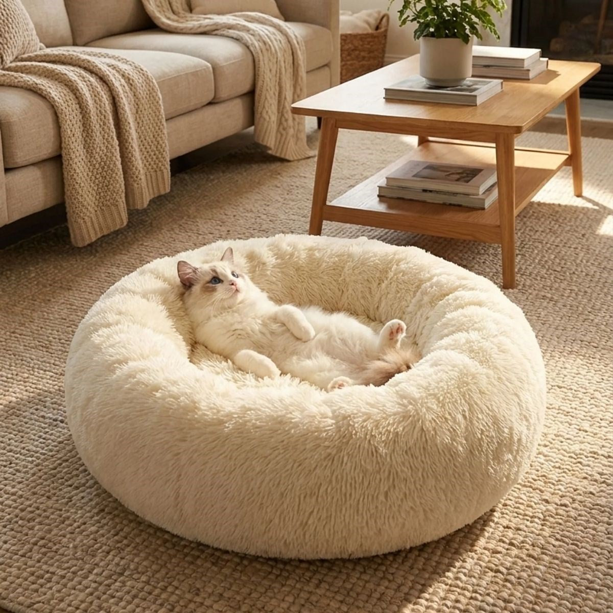 Yuvarlak Ultra Yumuşak Welsoft Peluş Kedi ve Köpek Yatağı – Kaymaz Taban Tüylü Pet Pufu,Uyku Minderi (krem)