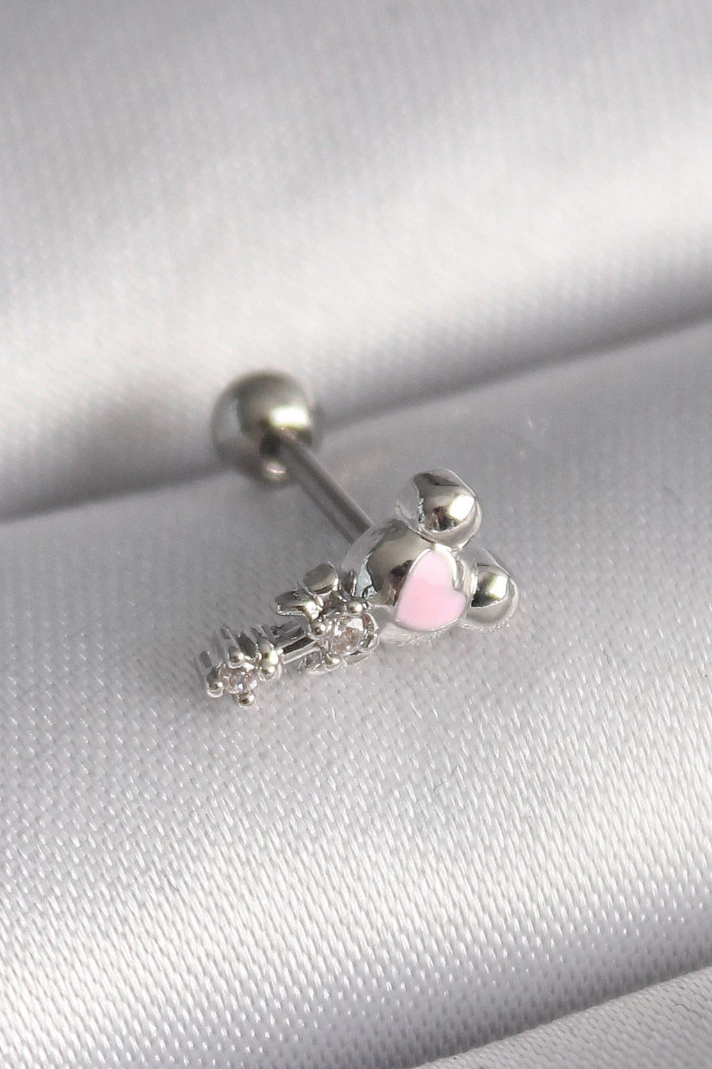 Mey İthalat® 316L Çelik Gümüş Renk Zirkon Taş Detay Pembe Kalp İşleme Tragus Piercing