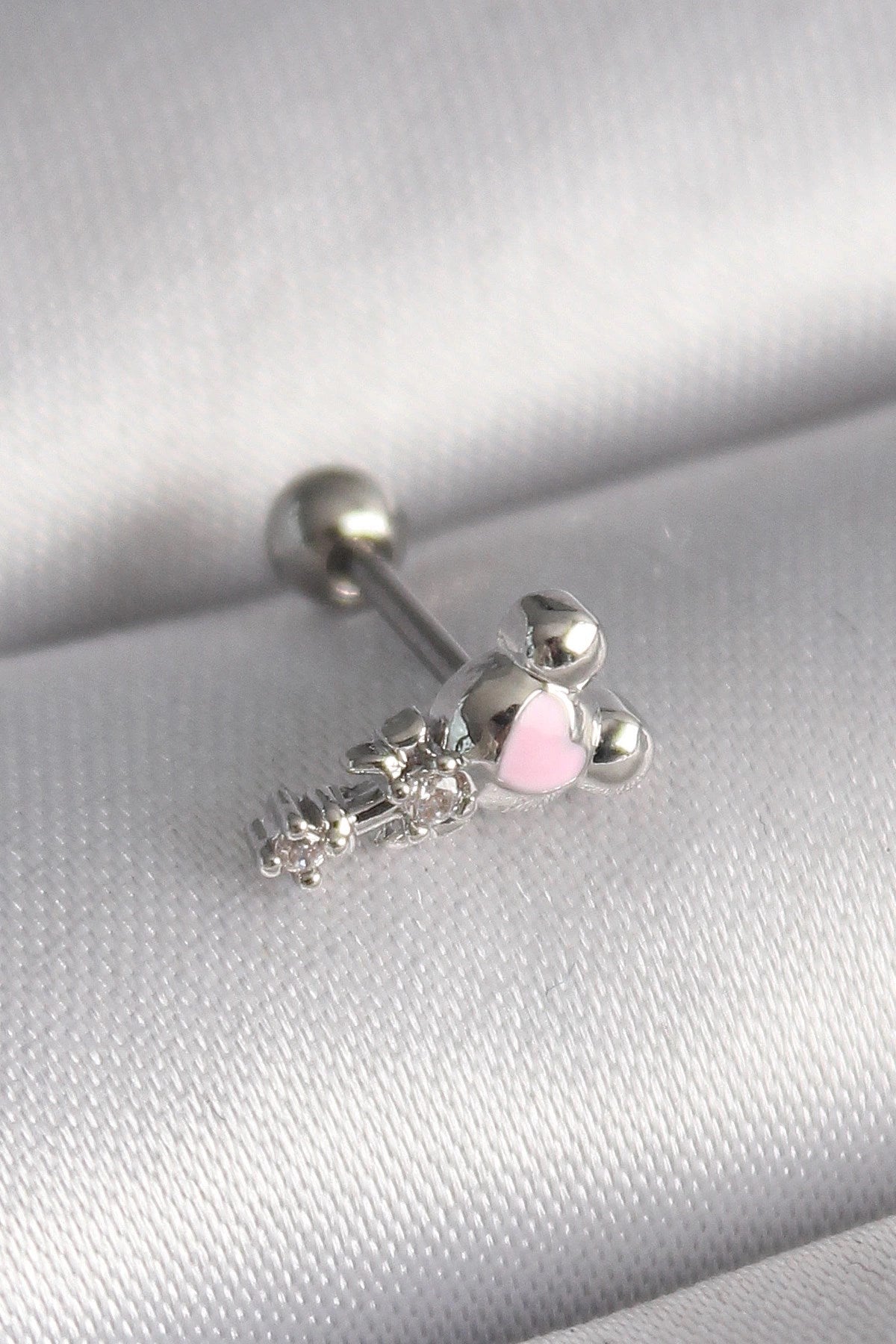 Mey İthalat® 316L Çelik Gümüş Renk Zirkon Taş Detay Pembe Kalp İşleme Tragus Piercing