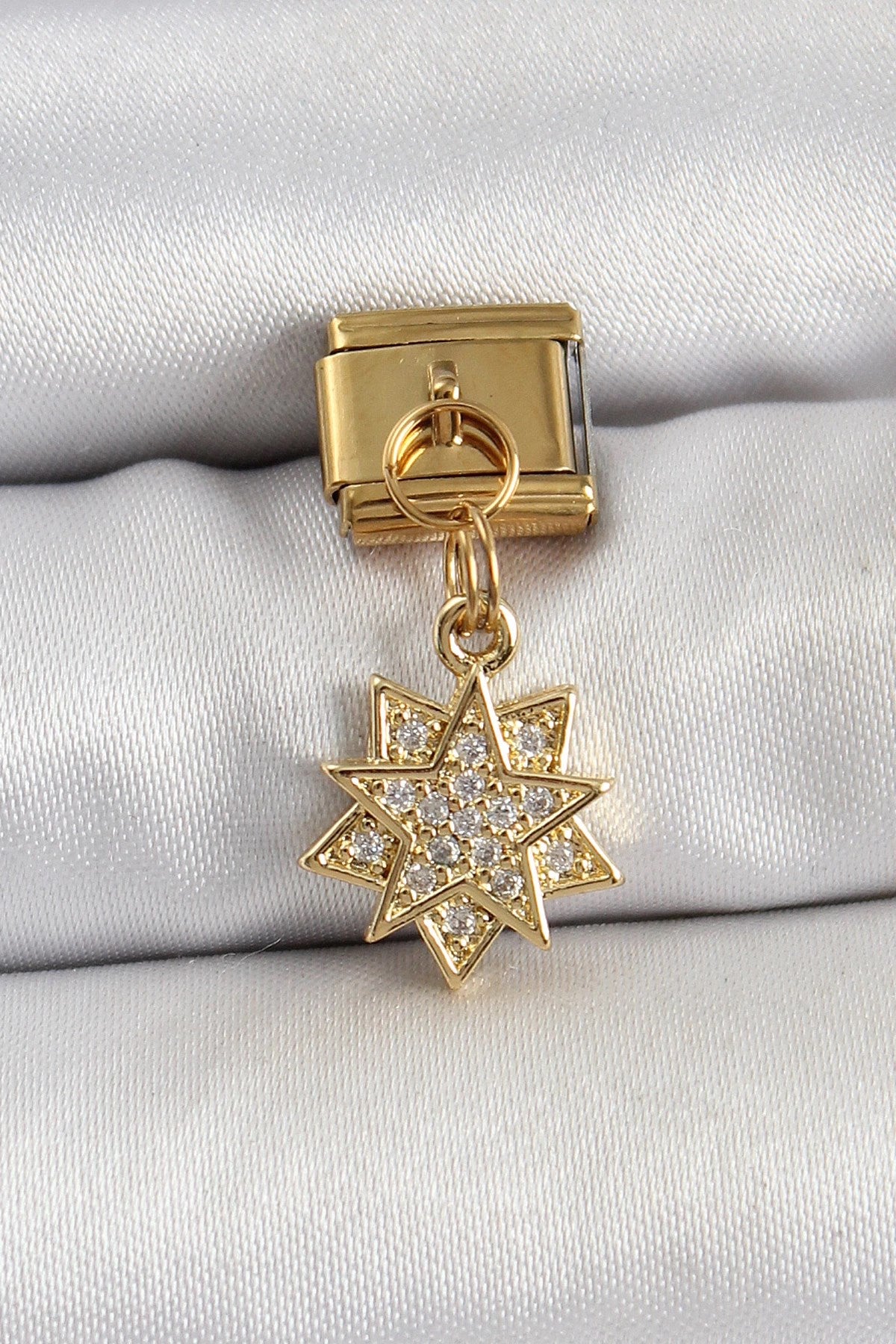 Mey İthalat® 316L Çelik Sallantılı Zirkon Taşlı Yıldız Model Gold Renk Nomination Charm
