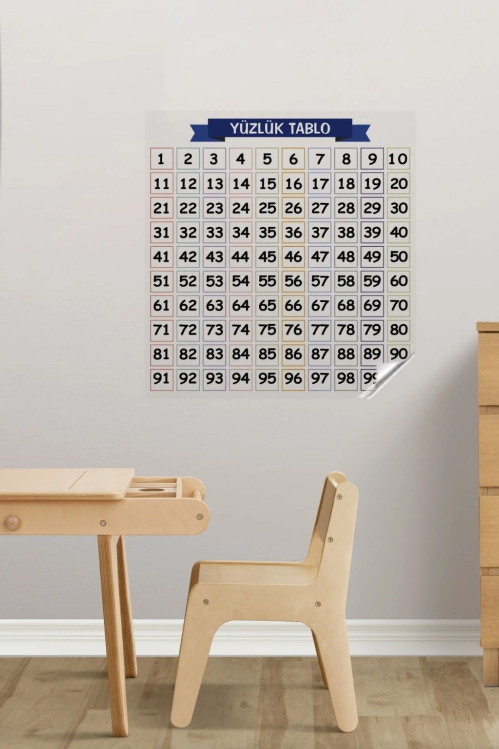 Matematik Öğreten Yüzlük Tablo Duvarda İz Bırakmaz Akıllı Kağıt Yapışkansız Statik 60x60 cm
