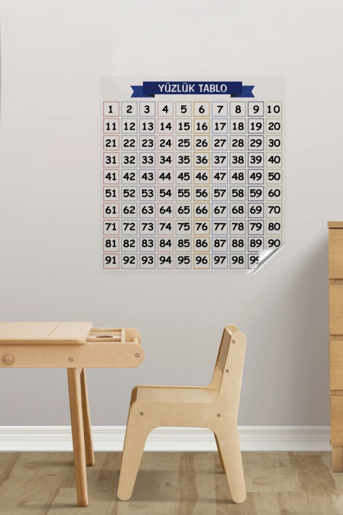 Matematik Öğreten Yüzlük Tablo Duvarda İz Bırakmaz Akıllı Kağıt Yapışkansız Statik 60x60 cm