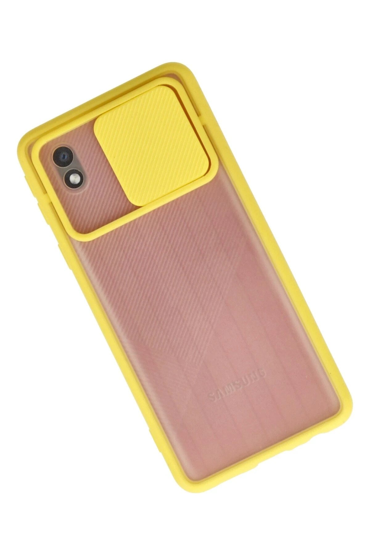 Mey İthalat® Samsung Galaxy A01 Core Kılıf Palm Buzlu Kamera Sürgülü Silikon - Sarı