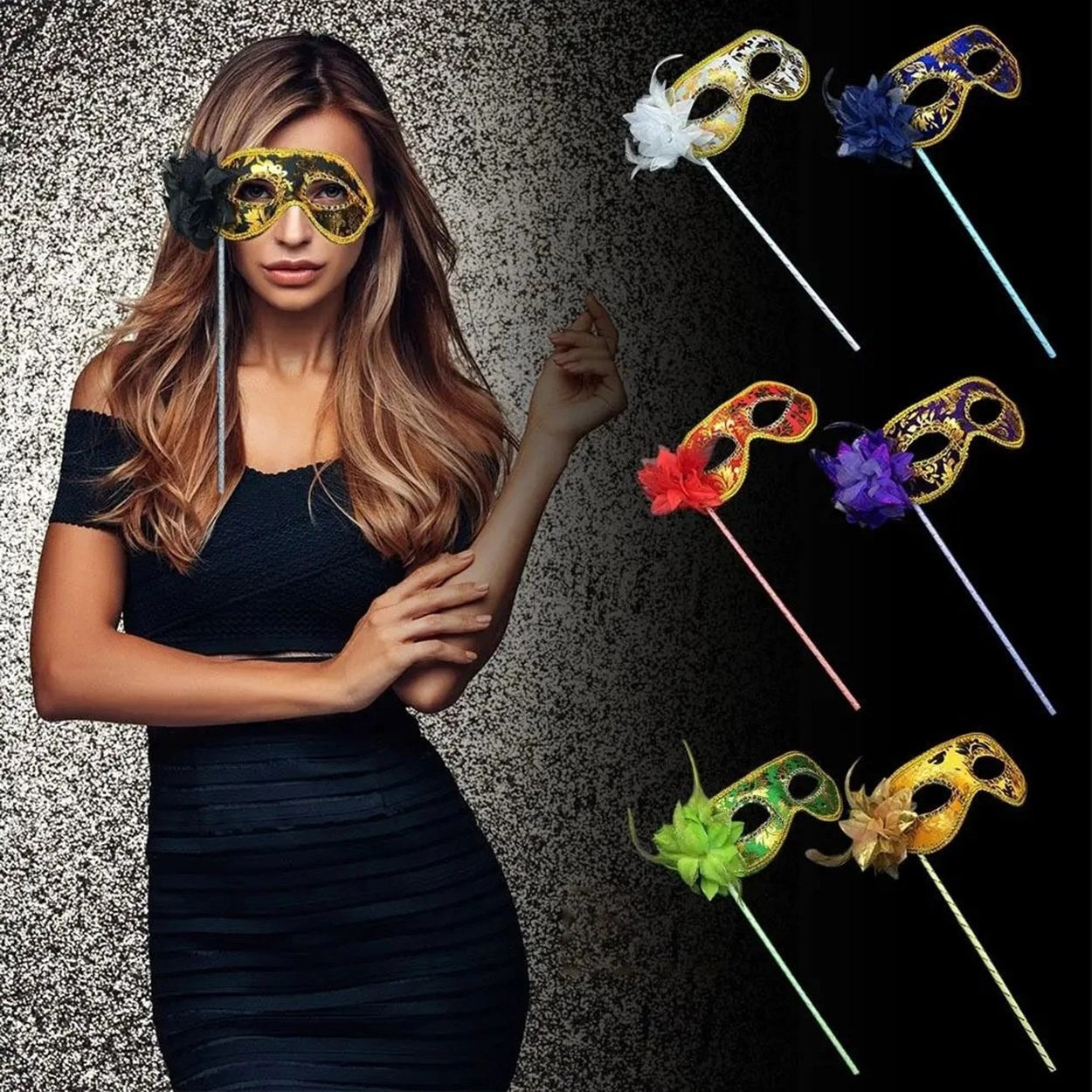 Mey İthalat® Lüks Taşlı Saplı Maskeli Balo Maskesi Mor Renk 35 cm