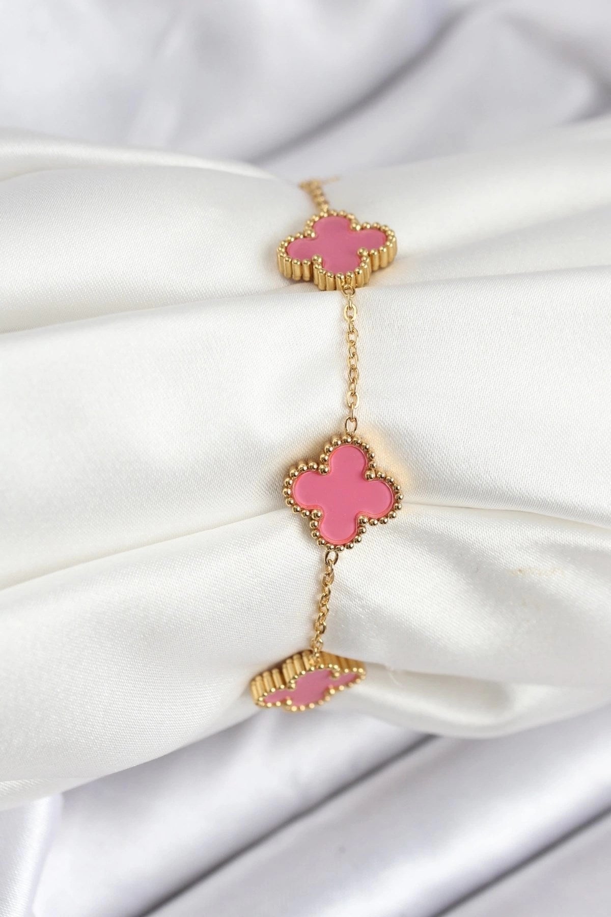 Mey İthalat® 316L Çelik Gold Zincir Pembe Yonca Renk Bileklik