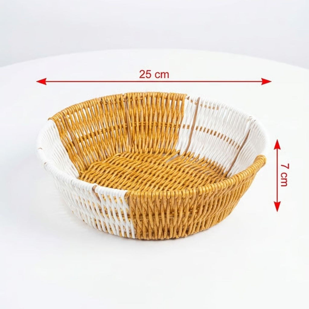 Yuvarlak Çift Renkli Plastik Rattan Ekmek ve Meyve Sepeti - Çok Amaçlı Banyo ve Mutfak Düzenleyici - Yıkanabilir Tezgâh Üstü Organizer