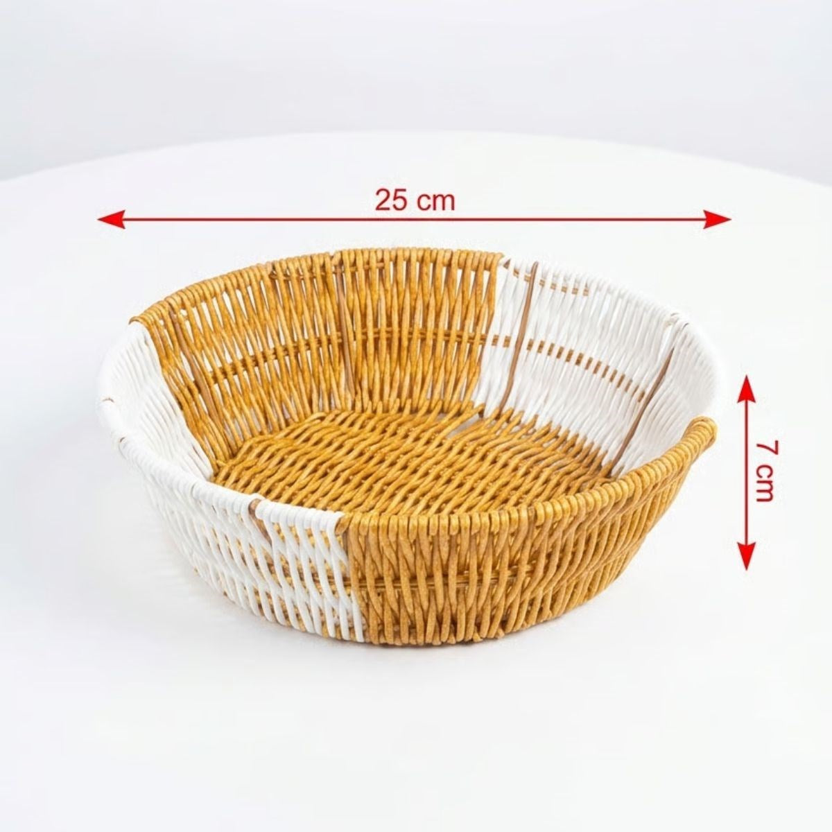 Yuvarlak Çift Renkli Plastik Rattan Ekmek ve Meyve Sepeti - Çok Amaçlı Banyo ve Mutfak Düzenleyici - Yıkanabilir Tezgâh Üstü Organizer