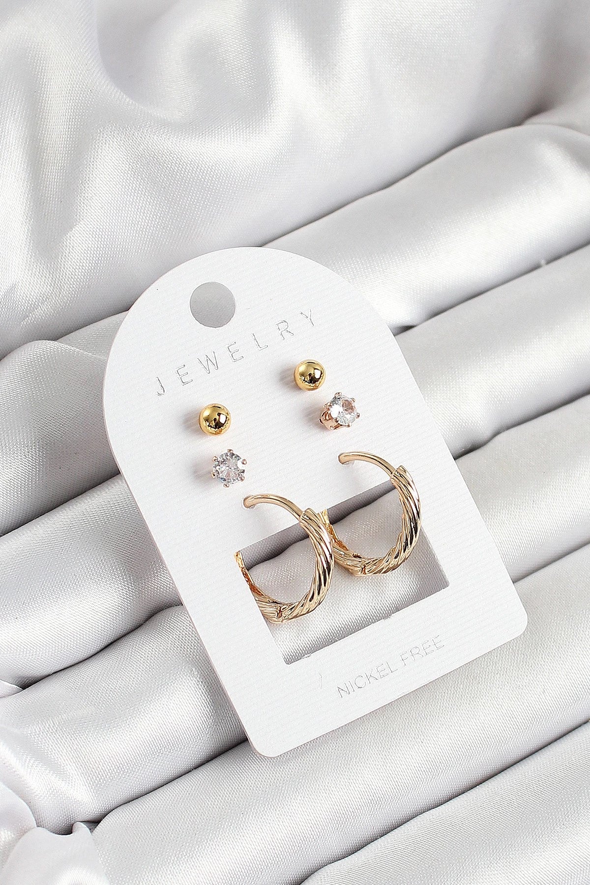 Mey İthalat® Pirinç Zirkon Taş Ve Halka Figürlü Gold Renk 3'lü Çift Kadın Küpe Set