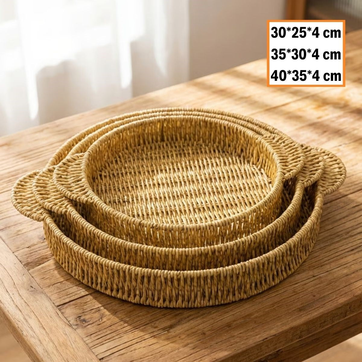 İç İçe Geçebilen 3’lü Yuvarlak Plastik Rattan Tepsi Seti–Hasır Görünümlü Çok Amaçlı Servis ve Sunum Tepsileri