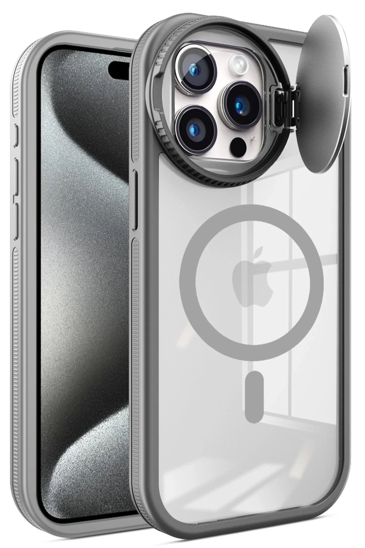 Mey İthalat® iPhone 15 Pro Kılıf Teleskop Lens Magsafe Silikon Kapak - Titan Gri