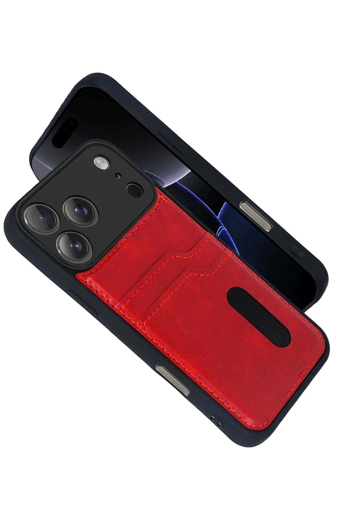 Mey İthalat® iPhone 17 Pro Sara Kartvizitli Deri Kılıf - Kırmızı