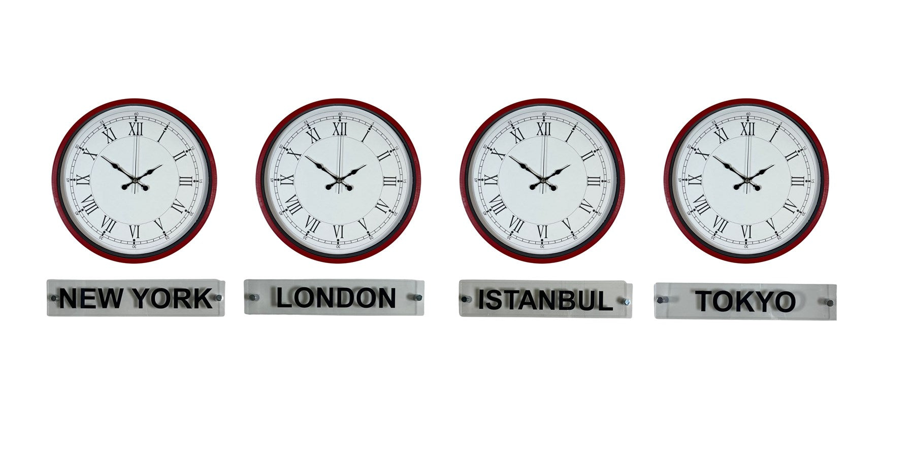 Kırmızı Klasik 36 Cm 4 lü Tabelalı Dünya Saatleri