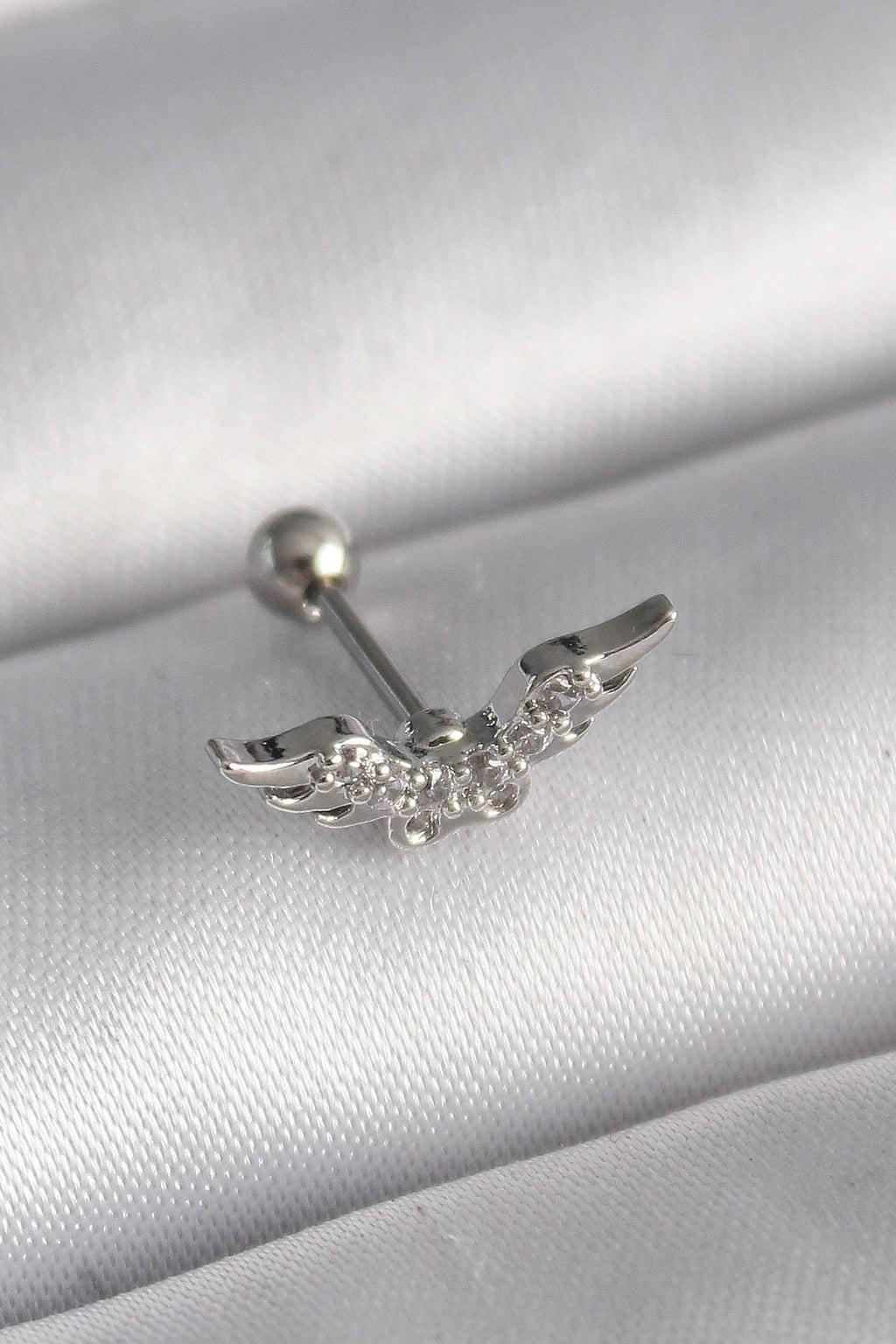 Mey İthalat® 316L Çelik Gümüş Renk Zirkon Taş Detay Kanat Model Tragus Piercing