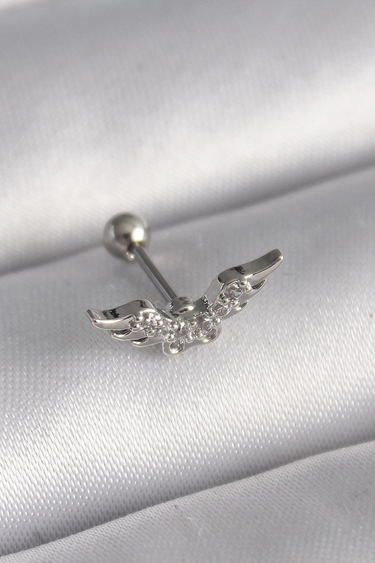 Mey İthalat® 316L Çelik Gümüş Renk Zirkon Taş Detay Kanat Model Tragus Piercing
