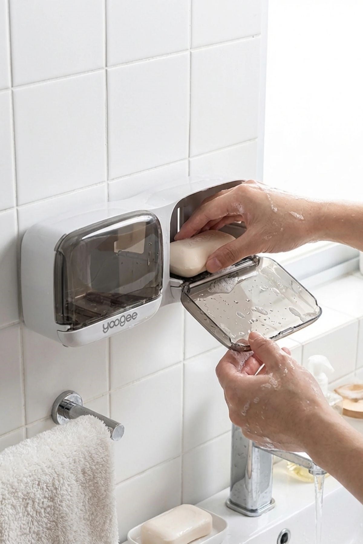 Duvara Monte İkili Kapaklı Plastik Katı Sabunluk Organizer – Banyo & Mutfak İçin Yapışkanlı Sabun Kutusu ve Düzenleyici