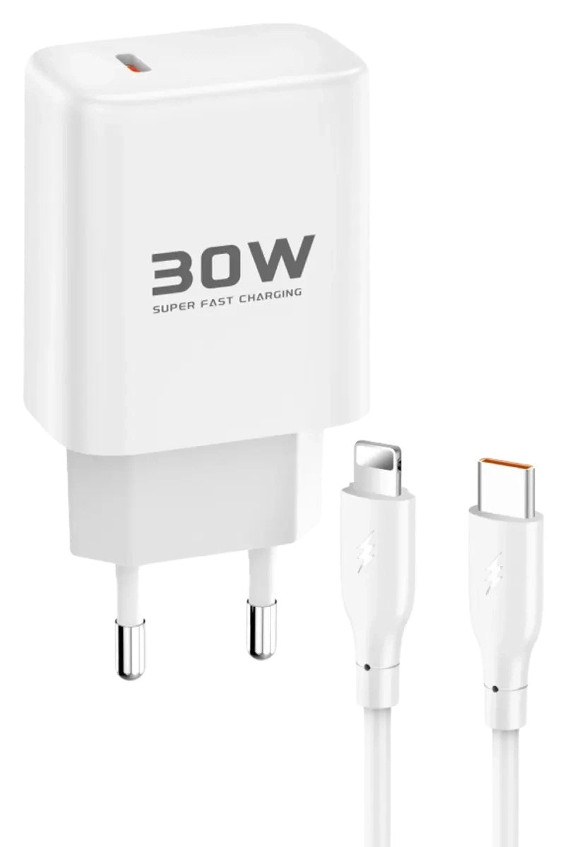 Mey İthalat® JK89 30W Type-C Çıkışlı Ekstra DC66 1M Type-C to Lightning Kablolu PD Şarj Cihazı - Beyaz