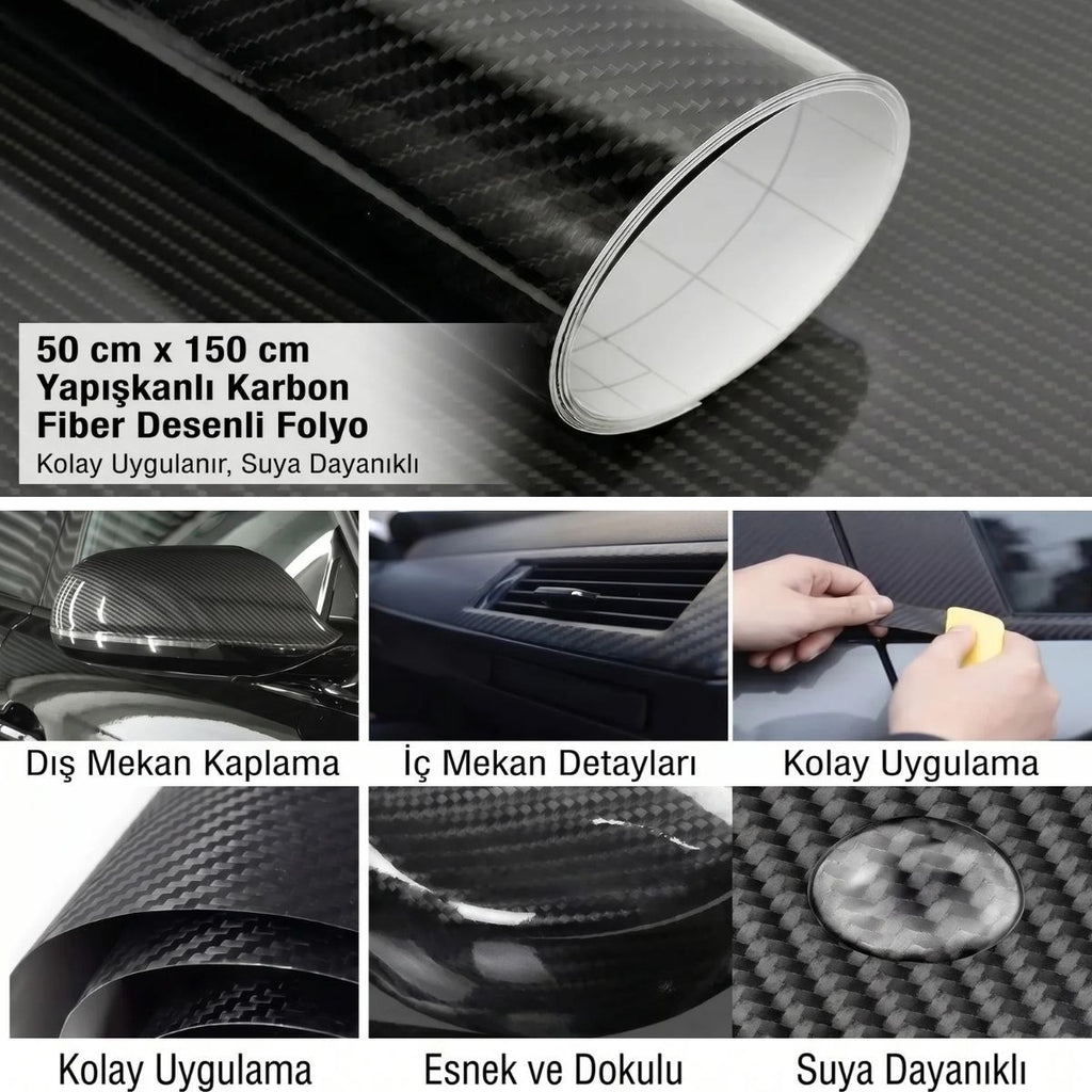 Yapışkanlı Karbon Fiber Folyo 30 Cm x 150 Cm – Araç,Konsol,Torpido,Ayna,Kapı ve Dış Yüzey Kaplama Filmi