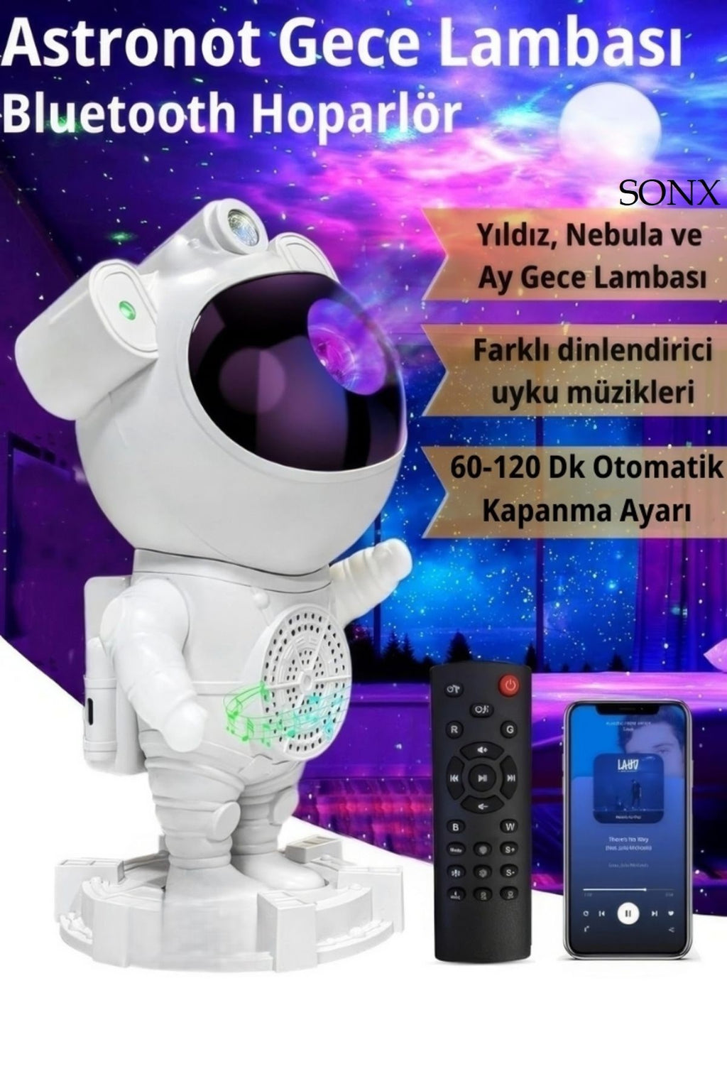 Astronot Bluetooth Hoparlör Bulutsusu Galax yAy Tavan Gökyüzü Projektör Zamanlayıcı Gece Lambası