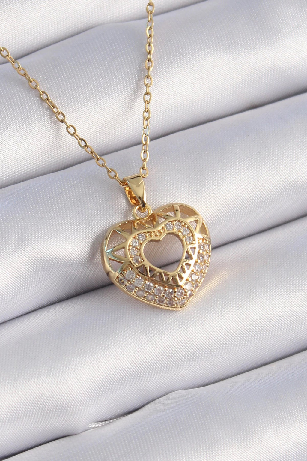Mey İthalat® 316L Çelik Gold Renk Zirkon Taşlı Kalp Model Vintage Kadın Kolye